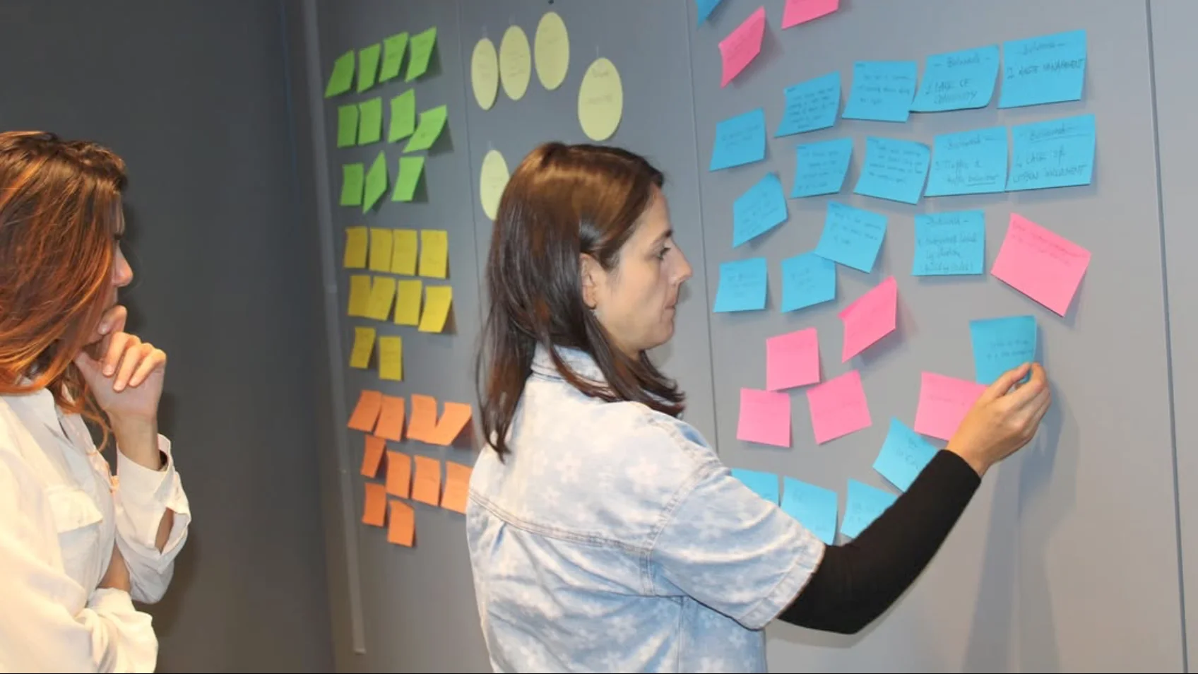 Two woman brainstorming with lots post-it notes on a wall